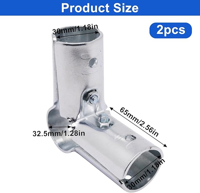 90 Degree Pipe Connector Tee Clamp Fittings, Steel Connection Clamps Set with Small Wrench （2set, 32mm）