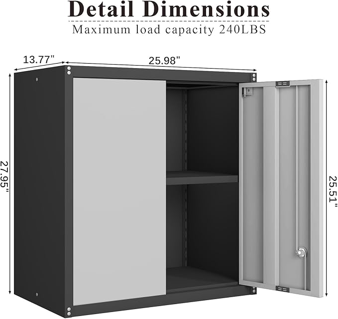 Metal Garage Wall Cabinet, 28" Wall Mount Storage Cabinets with Locking Doors and Shelf, Metal Small Storage Cabinets for Garage, Laundry Room, Kitchen, Pantry