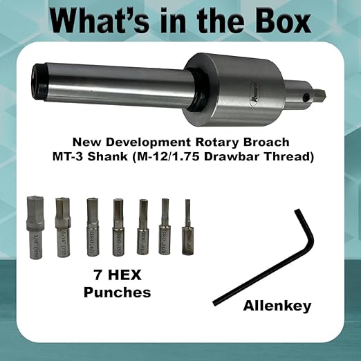 ASSORTS Precision Rotary Broach Holder with MT3 Shank (M12 x 1.75 Drawbar) – Includes 7-Piece HSS Hex Punch Set for CNC, Lathe, Milling & Drilling Machines