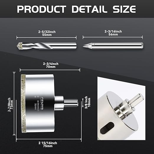 2-7/8inch | 73mm Diamond Hole Saw with Center Drill bit and Diamond-Coated Center Drill bit for Ceramic Glass Marble Fiberglass Granite and Porcelain Tiles by CENYB