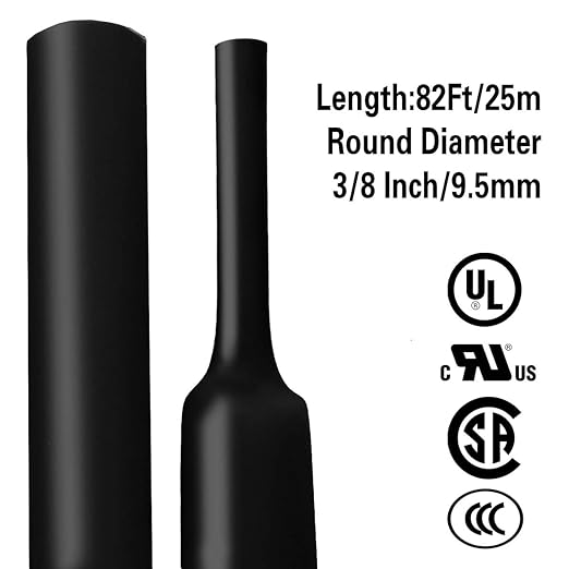 XHF 3/8 Inch(9.5mm) 82 Ft XHF 3:1 Waterproof Heat Shrink Tubing Roll 3/8" Marine Grade Adhesive Lined Heat Shrink Tube, Insulation Sealing Oil-Proof Wear-Resistant Black