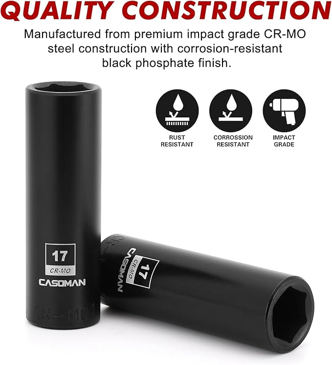 CASOMAN 1/2-Inch Drive x 17mm Deep Impact Socket, 2PCS Set, 6-Point, Metric, CR-MO
