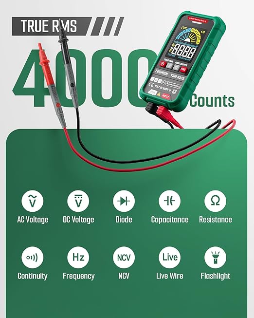 TESMEN TSM-522S Smart Digital Multimeter, Auto-Ranging Volt Meter, TRMS 4000 Counts Voltage Tester Measures Voltage, Capacitance, NCV, Frequency, Ohm, Continuity, Diode, Live Wire for Automotive, DIY