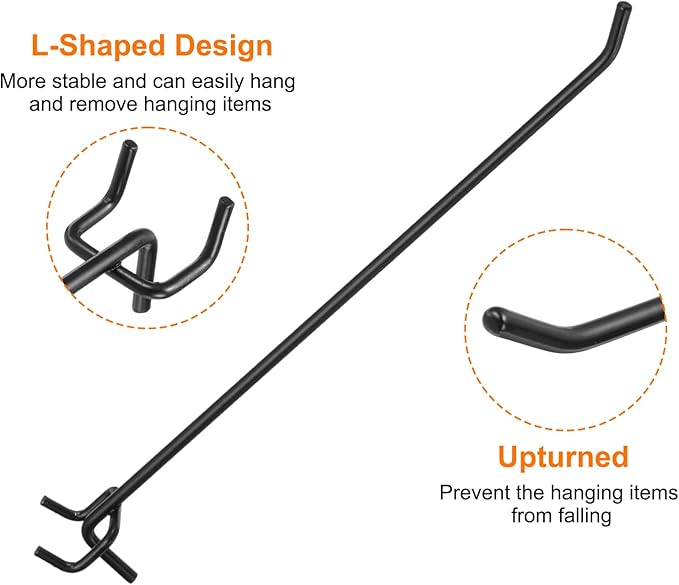 HARFINGTON 25pcs Pegboard Shelving Hooks 10" Stainless Steel Peg Board Display Hook Hanging Holders Wall Mount Organize Tools for Workbench Garage Kitchen Store, Black