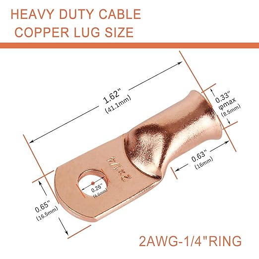 10pcs 2 AWG-1/4”(M6) Ring Terminals 2 Gauge Copper Wire Lugs Battery Cable Ends Heavy Duty Battery Cable Terminal Connectors