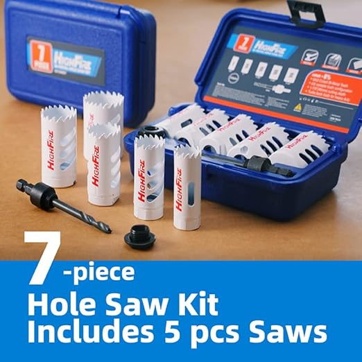 HIGHFIRE Bi-Metal Hole Saw Kit, 7-Piece Hole Saw Set 7/8",1",1-1/8",1-1/4" and 1-1/2" Hole Saw with Mandrels for Metal, Wood, Plastic, PVC and Drywall