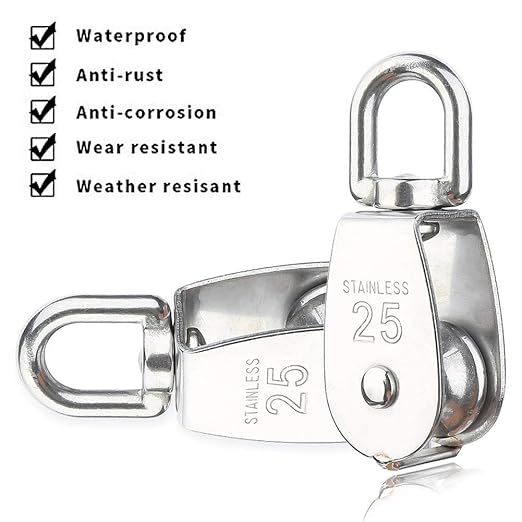 Rocaris 6 Pack M25 Lifting Single Pulley Roller Loading 330Ibs, 304 Stainless Steel Heavy Duty Single Wheel Swivel Lifting Rope Pulley Block
