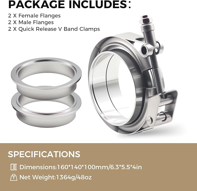 2 Pack 3 Inch V Band Clamp Kits - Quick-Release with Male/Female Flanges, 304 Stainless Steel, Leak-Resistant Interlocking Design for Exhaust, Turbo, Downpipe, Intercooler Piping (2, 3.0in)