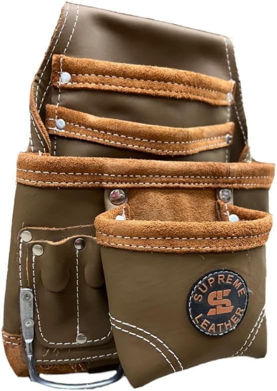Supreme Leather Tool Pouch for Construction Carpenter Tool Bag Electrician's Pouch | 10 Pockets 2 Stainless Steel Hammer Holders Top Grain Leather Bag