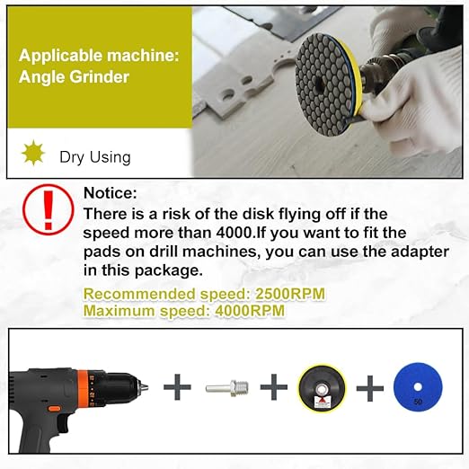Dry Diamond Polishing Pads 4"/100mm - 8pcs Grit 50x3/100x3/200x2 Polish Pad Kit with 5/8"-11 Backer Pad +Adapter for Granite Marble Artificial Stone Quartz for Angle Grinder