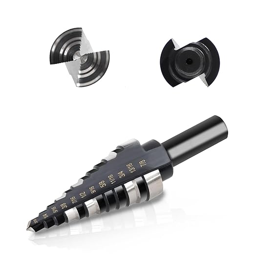 COMOWARE Step Drill Bit, 12 Sizes from 3/16" to 7/8", High Speed Steel Step Bit with 2 Straight Flutes, 3-Flat Shank, Steps Bits for Metal, Aluminum/Wood/Plastic/Iron, Unibit for Electricians & DIY