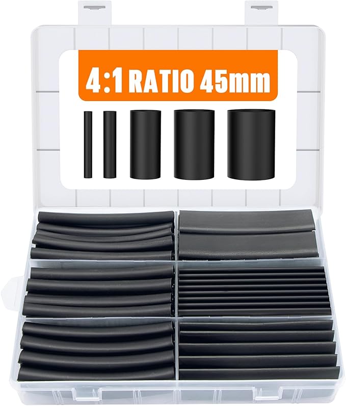 Lsnisni 1.77 Inches Heat Shrink Tubing Kit 200 Pcs, Ratio 4:1 Adhesive Lined, Dual Wall Tube - Marine Grade Waterproof, 5 Diameters, Heat-Shrink Tube, Heat Shrink Cable Sleeve - Black