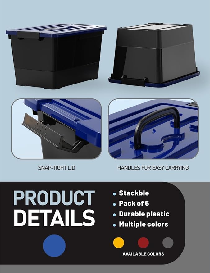 WYT 32 Quart Stackable Plastic Storage Bins with Blue Lids, 6 Pack Black Containers with Latching Buckles and Handle, Durable Nestable Boxes Organizing for Closet, Garage, Tool Room