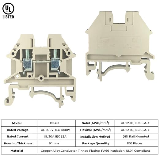 Dinkle DK4N DIN Rail Terminal Block Screw Type UL 600V 30A 10-22AWG, Pack of 100