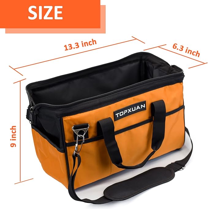 Tool Bag 13 Inch Waterproof Orange Tool Organizer with Wide Mouth and Shoulder Strap for Power and Small Hand Tools Oxford Cloth Fabric(18 Pockets)