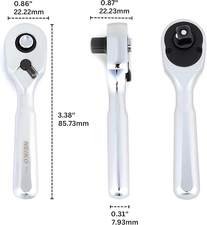 Neiko 03001A Stubby Ratchet, 1/4 Inch Ratchet Wrench, 108-Tooth Reversible Ratchet, 3.3 Degree, Quick Release Mini 1/4 Ratchet Drive, Oval Head Wrench, CR-V Steel Quarter Inch Small Ratchet Wrench