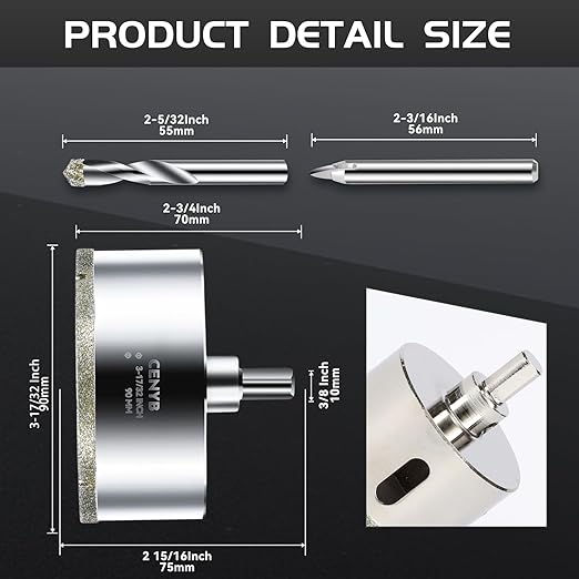 3-17/32inch | 90mm Diamond Hole Saw with Center Drill bit and Diamond-Coated Center Drill bit for Ceramic Glass Marble Fiberglass Granite and Porcelain Tiles by CENYB