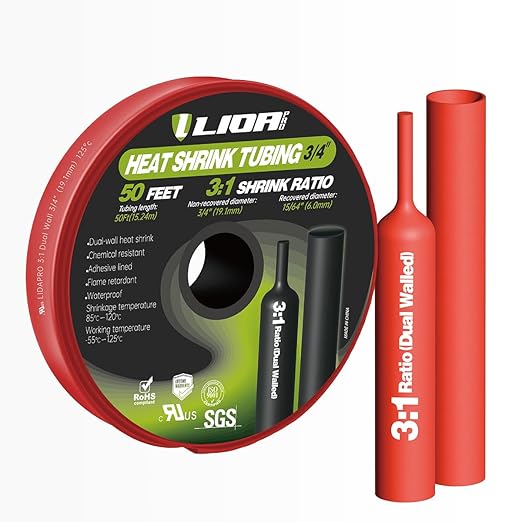 Marine Grade Heat Shrink Tubing – 3:1 Ratio Adhesive Lined Electrical Shrink Wrap, 3/4 inch Red, 50 Feet Roll for Industrial Use