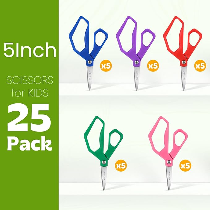 25Pack 5" Small School Student Pointed-Tip Craft Kids Scissors, Stainless Steel Blades Comfort Grip 5 Inch Safety Scissors Bulk for Kids Children Toodler Cutting Paper Crafting