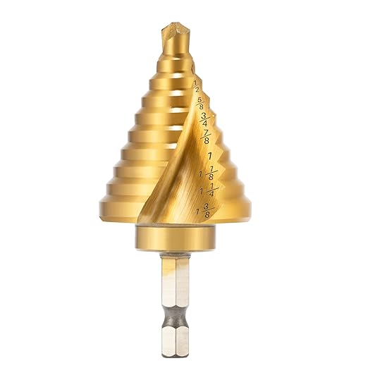 INTHEEND 10 Sizes Step Drill Bit 1/4"–1-3/8", 1/4" Hex Shank HSS Spiral Grooved Steps Drill Bit, Titanium Coating, Large Step Drill Bit for Hole Drilling Cutting for Metal, Aluminum, Wood, Plastic