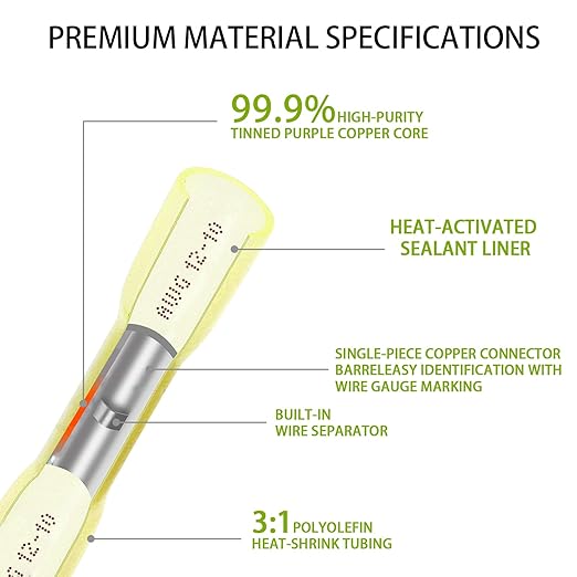 500PCS Heat Shrink Wire Connectors 12-10 AWG, Waterproof Tinned Copper Purple Core Wire Connectors, Insulated Splice Terminals for Cable, Boat, Automotive, and Home Wiring (12-10 AWG)