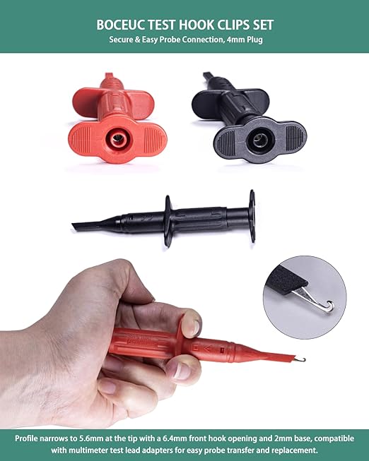 Test Hook Clips Multimeter Leads for 4mm Plug Test Probe, CAT III 1000V/CAT IV 600V, 10A for Electronic Circuit Testing (1 Pair, Red Black)
