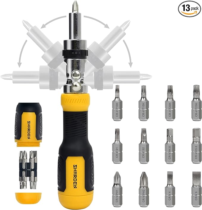 SHARDEN Ratcheting Multi Bit Screwdriver - 13-in-1 Tool Set, Flat Head/Square/Torx/Hex/Phillips, 180 Degree Pivoting Adjustable Angle Magnetic Screwdriver
