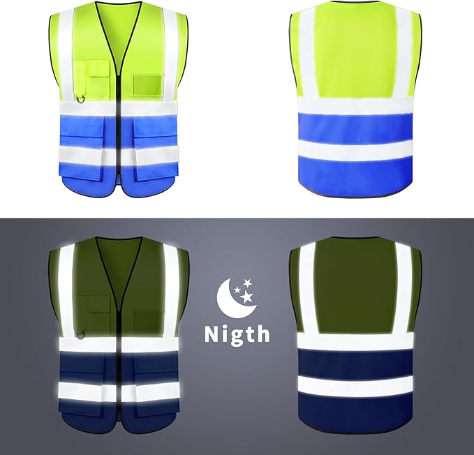 Safety Vests,Hi Vis Vest Reflective Vest with 5 Pockets and Zipper for Men Women, Neon Working Vest for Outdoor One Size