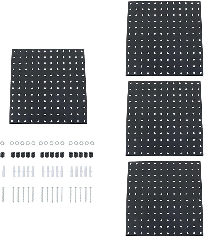 findmall 4Pack 12 x 12 Metal Black Wall Pegboard Panels Heavy Duty Peg Board for Tool Organizatio Garage Workbench Shed Craft Room kitchen Drawers