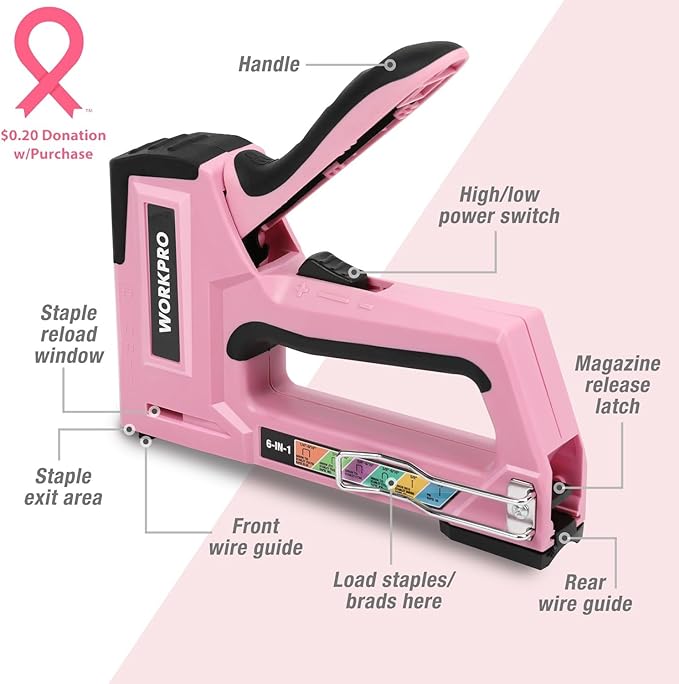 WORKPRO Pink Staple Gun, 6-in-1 Manual Brad Nailer with 4000-Pieces Staples for Fixing Material, Carpentry, Upholstery, Furniture and DIY - Pink Ribbon