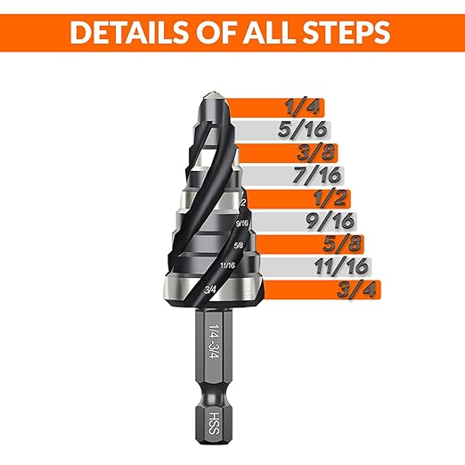 THINKWORK Four Spiral Flute Step Drill Bit, HSS Step Drill Bit 1/4"-3/4" (9 Steps) Unibit Step Drill Bit, 1/4" Shank Step Bits for Aluminum, Wood, Plastic, Metal
