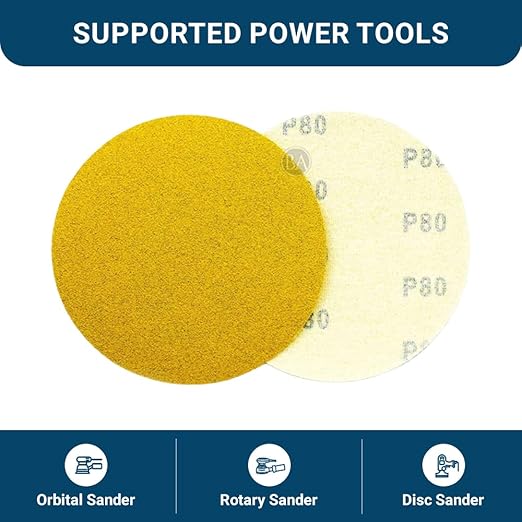 Benchmark Abrasives 5" Premium Aluminum Oxide Stearated Gold No Holes Hook and Loop Discs for Sanding of Metals Non-Ferrous Metals Wood Plastic Fiberglass (50 Discs) - Mixed High Grits