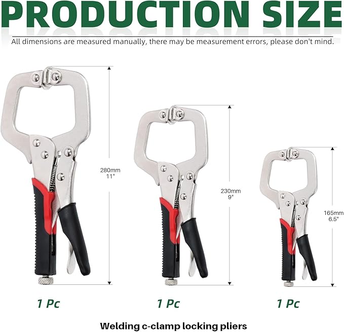 Keadic 3Pcs 6.5" 9" 11" Heavy Duty Locking C-Clamp Set With Regular Tip and Swivel Pads, Metal Pocket Hole Locking Pliers Table & Tool Vise Grip for Automotive DIY Woodworking Cabinetry Welding