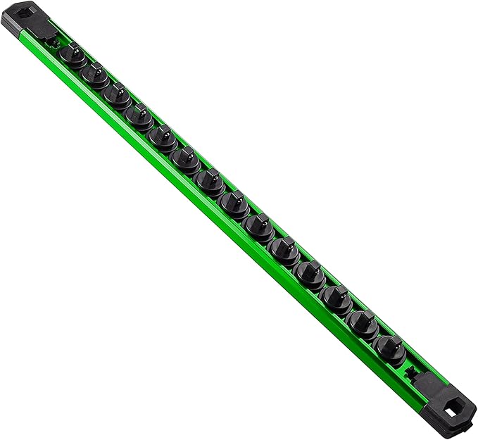Magnetic Socket Organizer, 1-Piece Heavty Duty Aluminum Socket Holder, Socket Rail for Tool Box, Premium Quality 360° Swivel Socket Rack with 14 Clips for 1/4-Inch(Green)