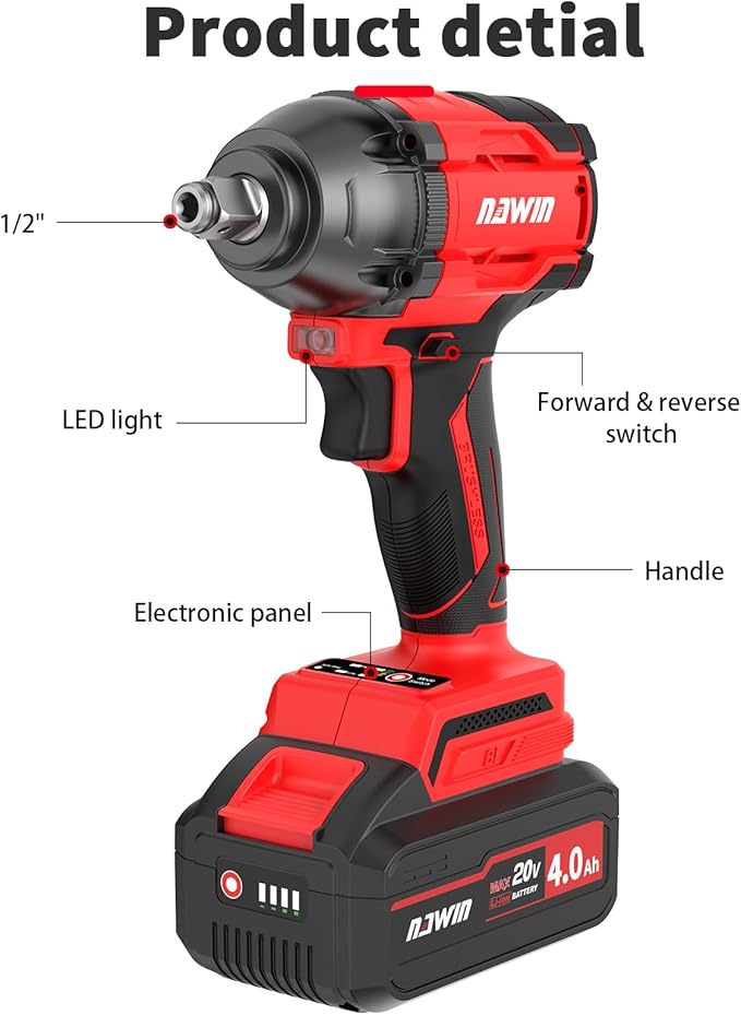 NAWIN Cordless Impact Wrench, 258Ft-lbs & 350Nm Power Impact Socket Set, 1/2 inch, Multi-Speed Adjustment, Led Light, 20V Impact Wrench with 2×4.0Ah Battery, Fast Charger