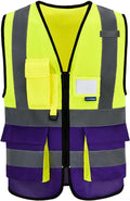 Yellow&Purple 4XL-5XLHigh Visibility Safety Vest with ZIPPER 4 Reflective Strips 7 Pockets