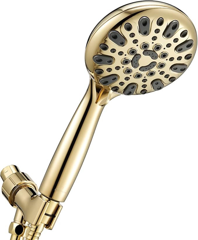 Handheld Shower Head, 6 Spray Setting High Pressure Shower Head with Brass Swivel Ball Bracket and Extra Long Stainless Steel Hose, Polished Brass, 5"