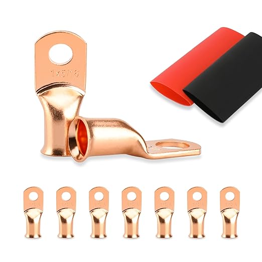 8PCS Battery Cable Ends, 1 Gauge Wire Connectors 5/16 Copper Wire Lugs, Bare Copper Eyelets with Heat Shrink Tubing by HOUSUN