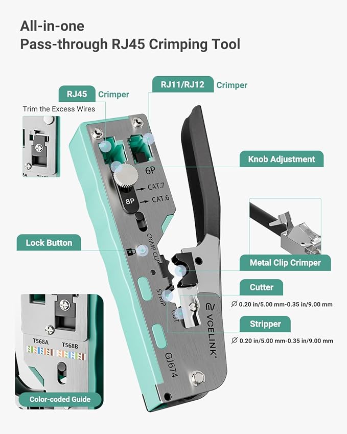 VCELINK RJ45 Crimp Tool Kit 105-in-1 for CAT7/CAT6A/CAT6/CAT5E/CAT5 Connectors, Includes Crimper Blades Replaceable, Cable Tester, Wire Cutter for Beginners Professionals DIY Network Setups