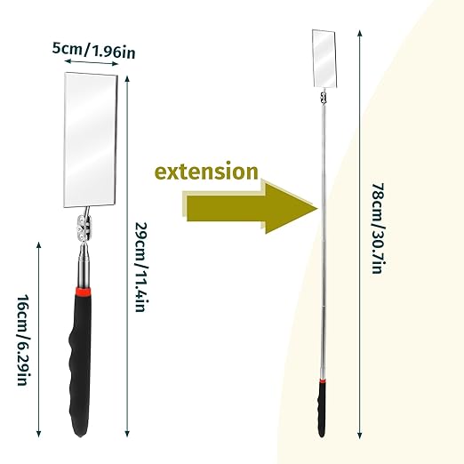 Telescoping Inspection Mirror Rectangle Telescopic Mechanic Mirror Extendable Machine Tool Long Inspection Mirrors for Checking Vehicle Condition (30.71 Inch Mirror Stick)