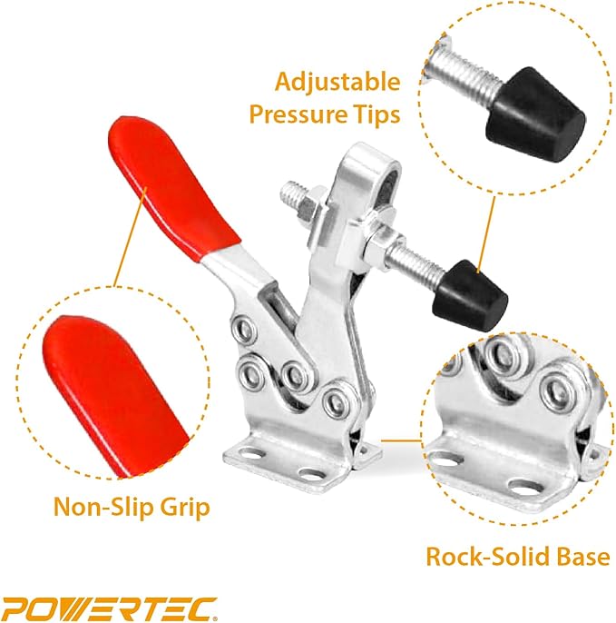 POWERTEC 4PK Toggle Clamp, 300 lbs Holding Capacity, 201B Quick Release Horizontal Clamps w/Antislip Rubber Pressure Tip for Woodworking Jigs and Fixtures, Welding, Drill Press, Crosscut Sled (20327)