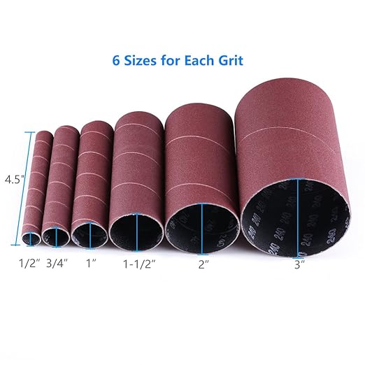 LotFancy 24PCS Spindle Sander Sleeves, Sanding Sleeves for Oscillating Sander, 60 80 120 240 Assorted Grit Sandpaper, 4-1/2” Length, 1/2”, 3/4”, 1”, 1-1/2”, 2”, 3” Diameter