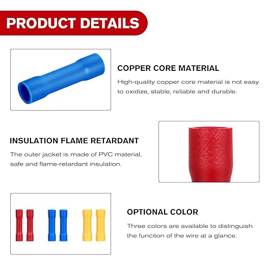 Nilight 200PCS Electrical Butt Connectors AWG 22-10 Insulated Wire Crimp Connector Splice Blue Red Yellow for Automotive Marine Wiring