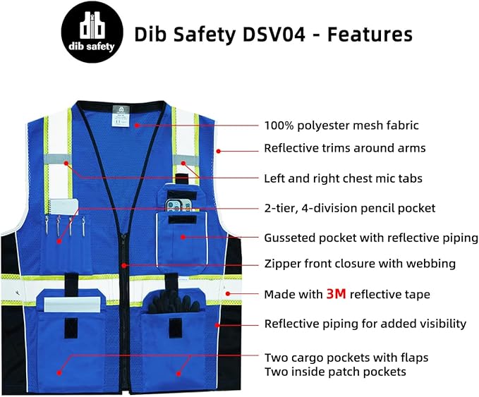 Dib Safety Vest Reflective Blue Mesh, High Visibility Vest with Pockets and Zipper, Heavy Duty Vest Made with 3M Reflective Tape 2XL