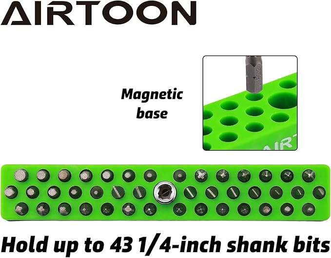 AIRTOON 1/4" Hex Bit Holder, 43 Holes Bit Storage with Strong Magnetic Base, Screwdriver Bit Organizer, Green