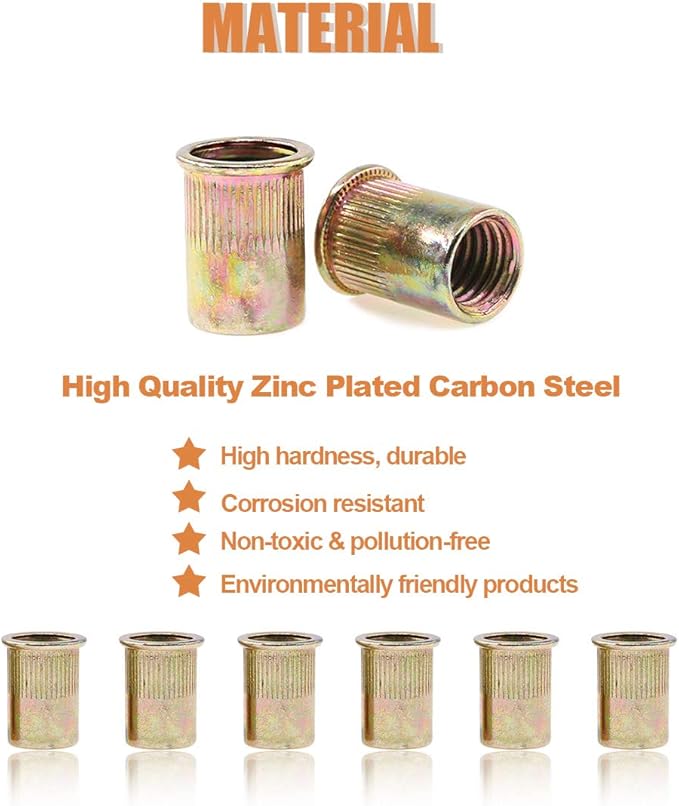 Keadic 100Pcs M12 Rivet Nuts Metric Zinc Plated Rivet Nut Carbon Steel Rivet Nut Flat Head Threaded Insert Kit Threaded Rivet Insert Nutsert Rivnuts Kit for Furniture
