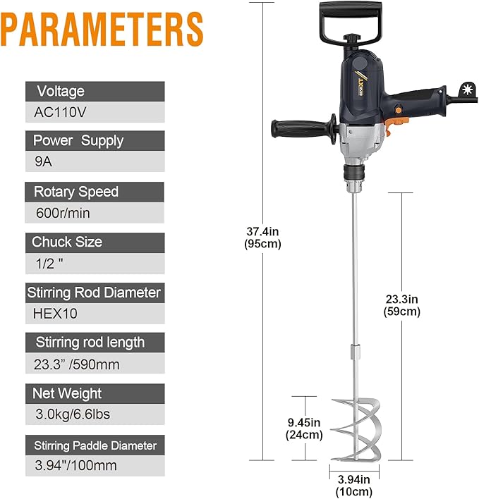 MAXXT Drill Mixer Set with Spade Handle 1/2 inch Electric Corded Mixing Drill Machine 9A Motor Concrete Mud Mixer