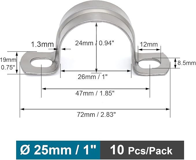 SS304 Conduit Clamps 1 Inch, 2-holes Pipe Bracket U Clamp for Cable/Water Pipe/Pipe, Heavy Duty Pipe Clamp | OD 1" | 10 pcs