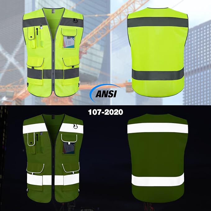 TCCFCCT High Visibility Safety Vest for Men Women 9 Pockets Hi Vis Reflective Vest for Safety, Work Vest with Reflective Strips, Meets ANSI/ISEA Standards, (Yellow, 5X-Large)