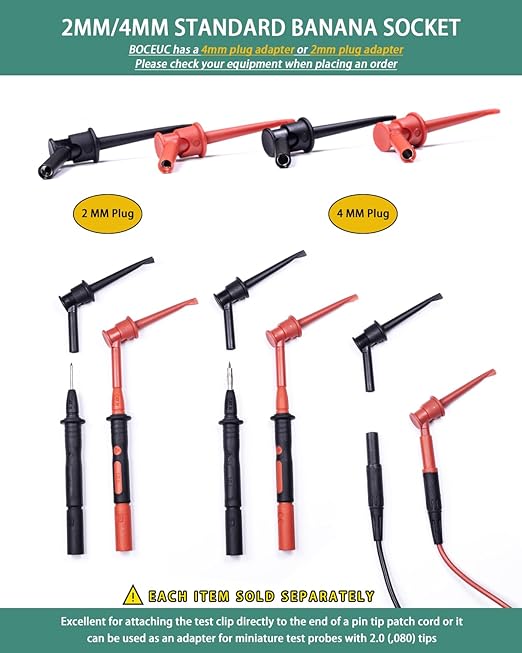 Mini Grabber with 4MM Banana Jack, Mini Test Hook Clips for Multimeter Leads Push on Probe(2PCS)